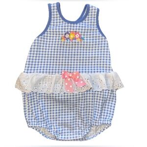 VTG Buster Brown Toddler 24 Months Romper Blue Gingham Lace Ruffle Flowers Bow